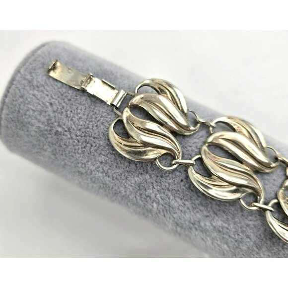 Vintage Bracelet Sterling Silver Wide Wave Tulip Leaves Design 7.5" Wrist LI644 - Picture 6 of 9